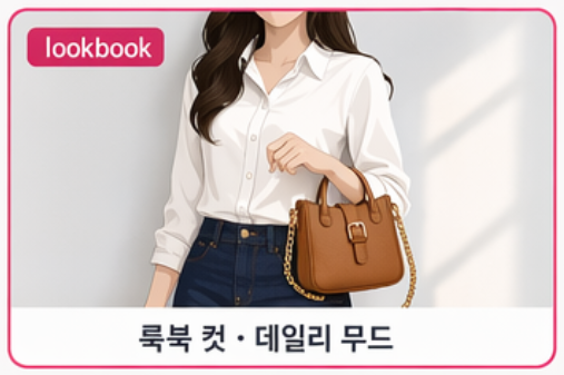 룩북 컷 — 모델이 핸드백을 자연스럽게 들고 있는 데일리 무드