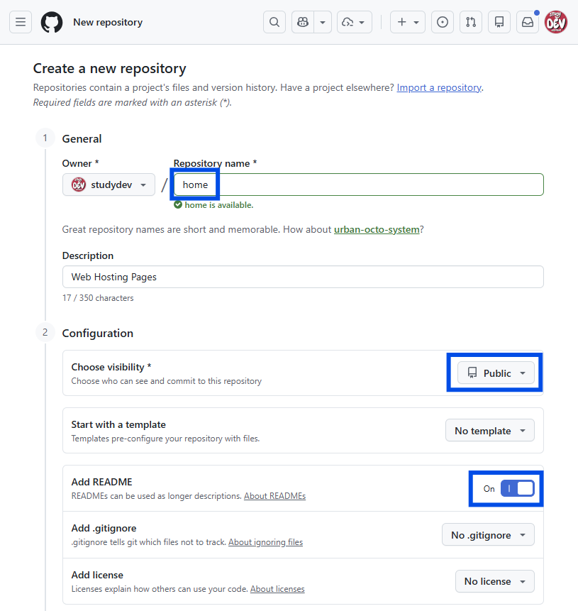 저장소 이름 입력, Public 선택, Add README 체크