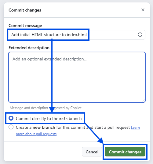 Commit changes 다이얼로그에서 커밋 메시지 입력 후 커밋
