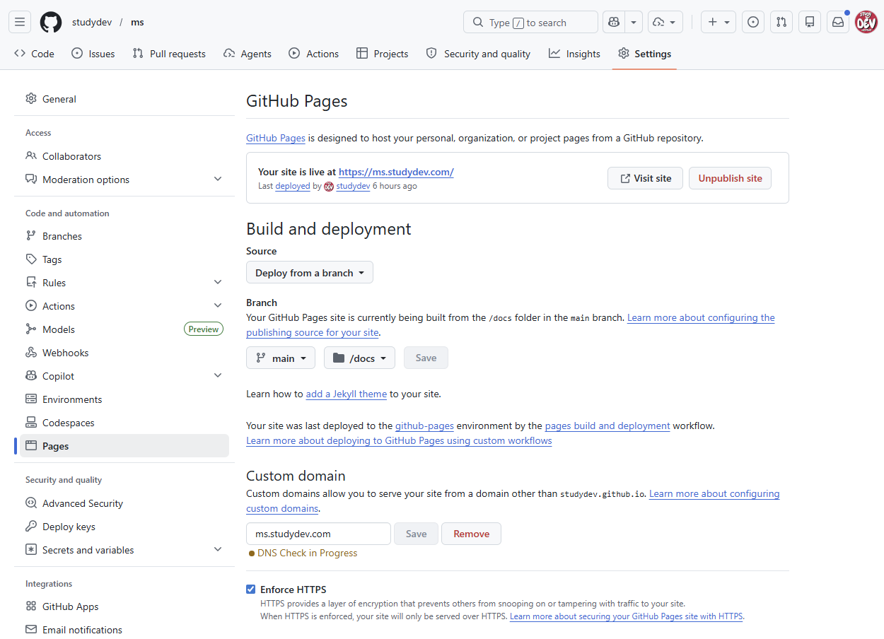 ms.studydev.com 커스텀 도메인 설정 — GitHub Pages Settings 화면